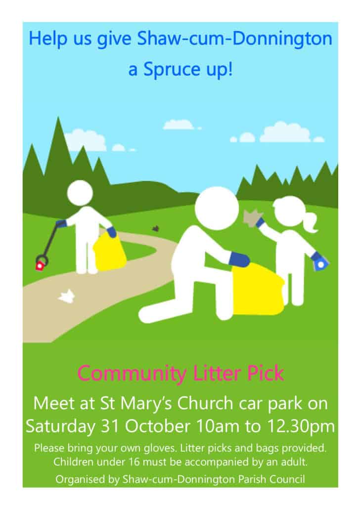 Community Litter Pick Saturday 31 October 10am to 12.30pm. Meet at Shaw Church Car Park in Church Road opposite the church.