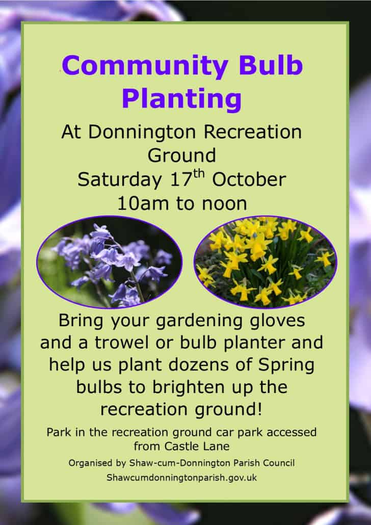 Community Bulb planting at Donnington Recreation Ground on Saturday 17 October 10am to noon. Bring your own trowel or planter. Park in the Recreation Ground car park accessed from Castle Lane.