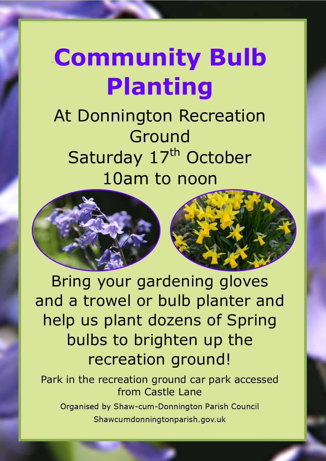 Community Bulb planting at Donnington Recreation Ground on Saturday 17 October 10am to noon. Bring your own trowel or planter. Park in the Recreation Ground car park accessed from Castle Lane.
